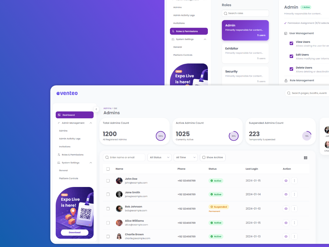 Eventeo event management platform showing administration, roles, and event workflows.