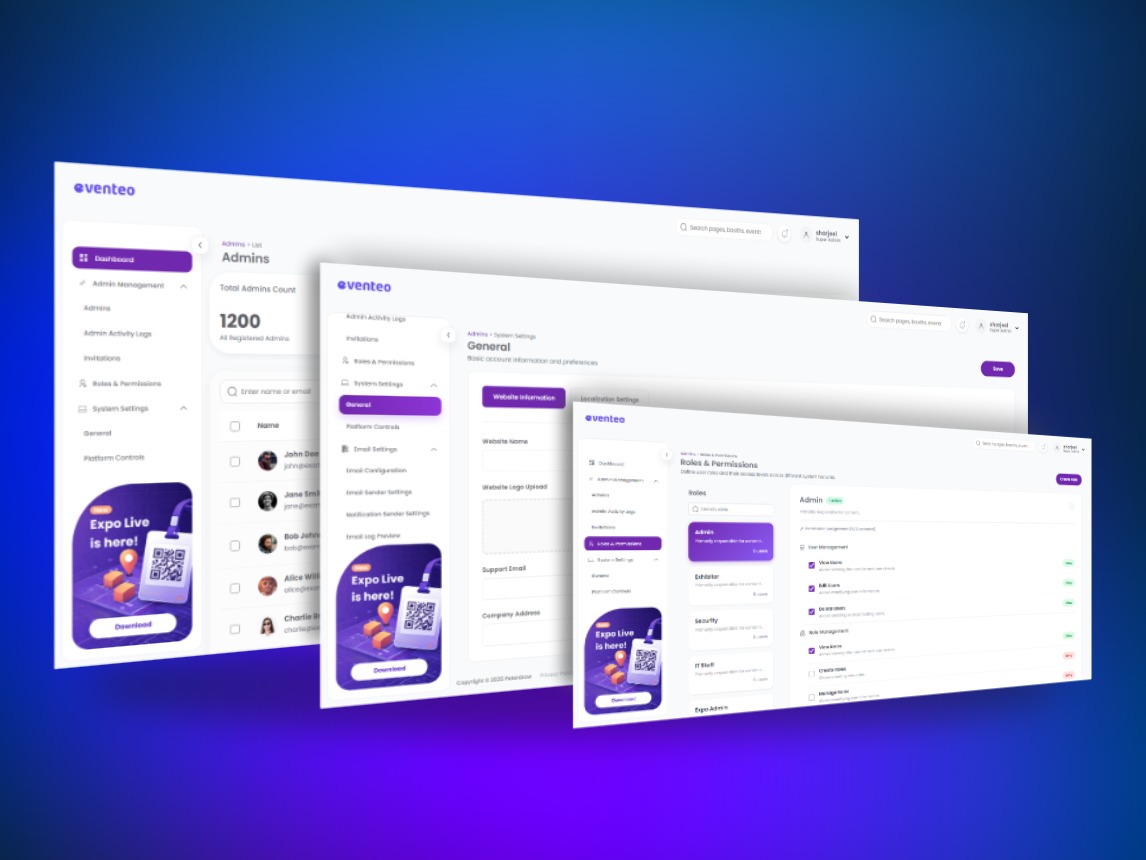 Event platform administration screens for organizer workflows.