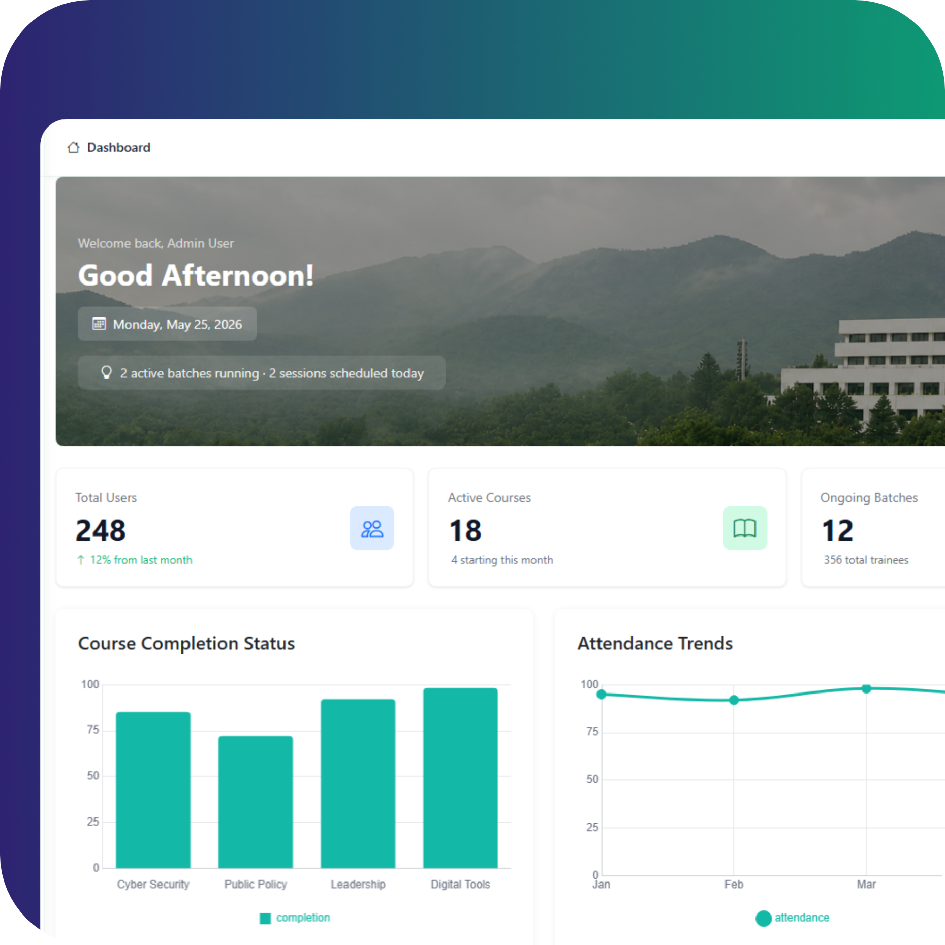 Pulse LMS administration dashboard showing courses, learners, and progress.