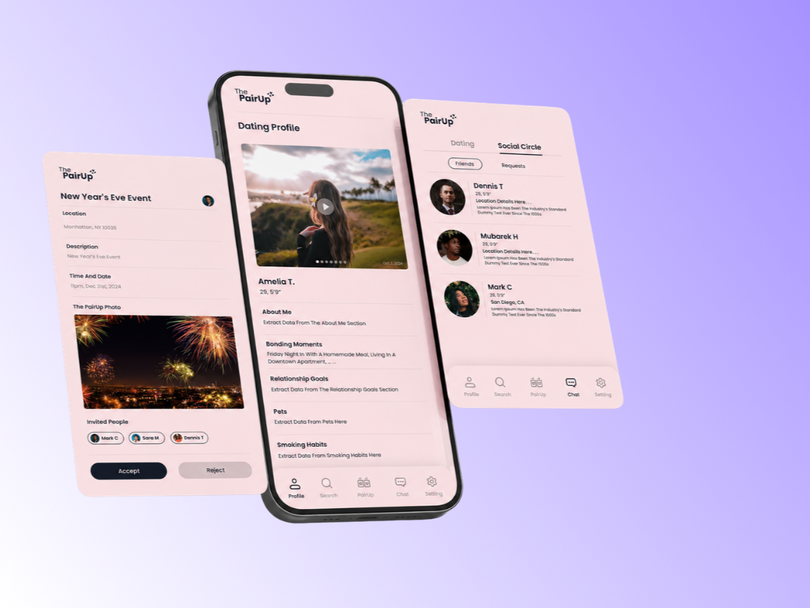 PairUp community platform shown across mobile screens.