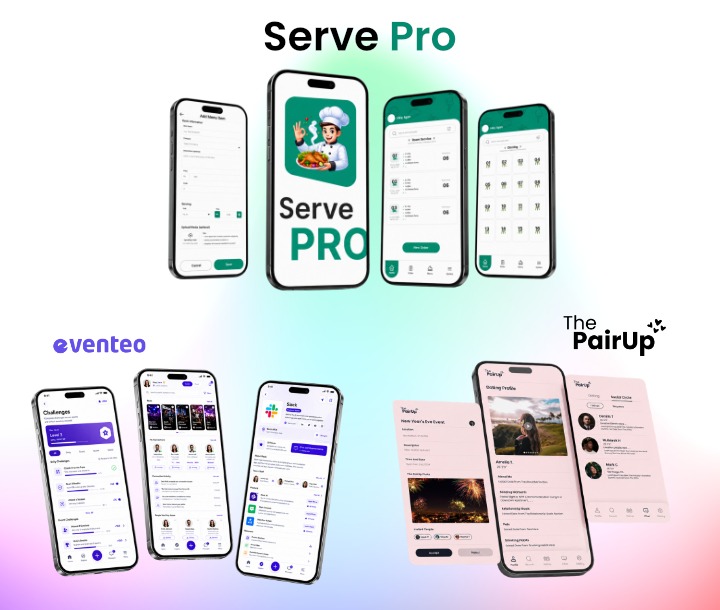 Binary Genes product portfolio featuring ServePro, Eventeo, and PairUp mobile interfaces.