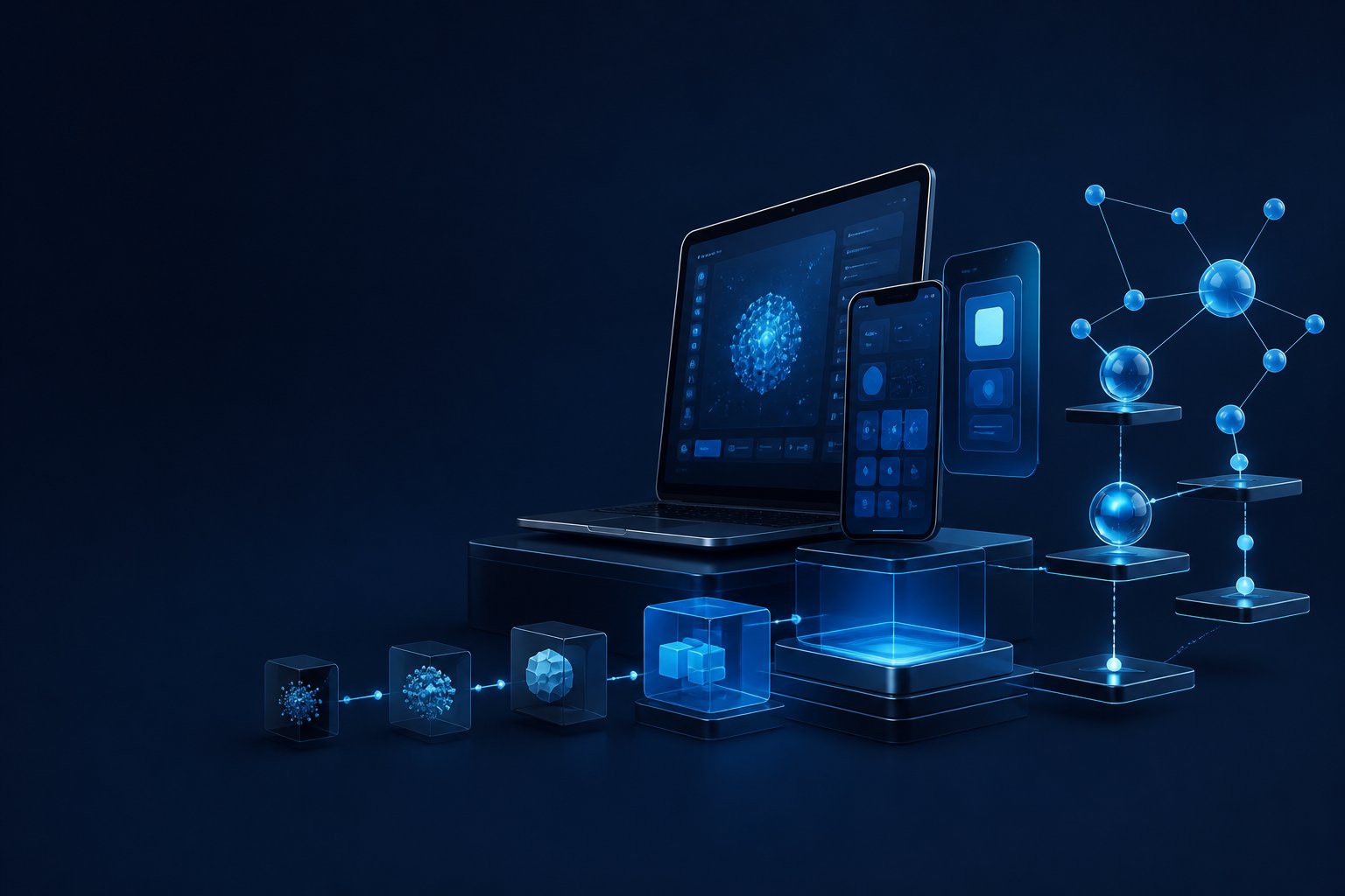 Abstract digital product devices and connected modules representing venture development and scale.